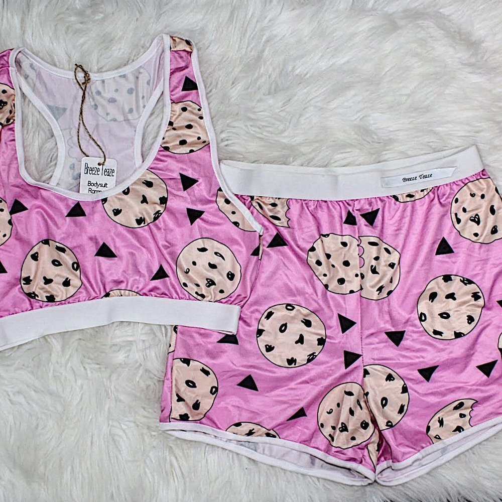 Women’s Two Piece Pink Cookie Silk Pajamas SMALL THROUGH XXL